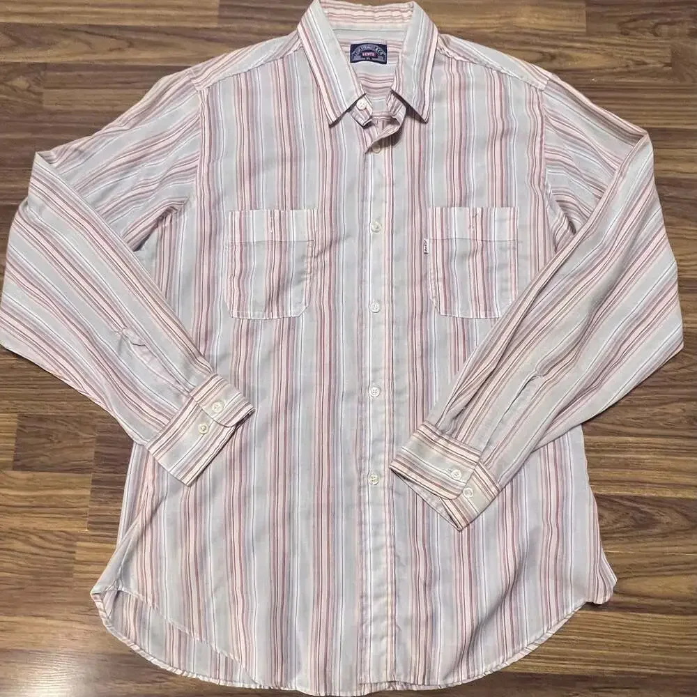 LEVI'S Men's Shirt Size L Striped Tan Cream Red Long Sleeve